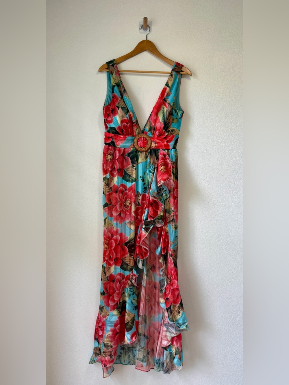 Blithe Floral Plunge Neck Ruffle Hem Maxi Dress NWT Size L - Picture 3 of 7